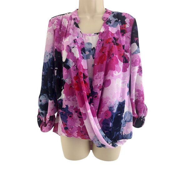 Alfani Pink Chiffon Watercolor Floral Print Roll Tab Sleeve Blouse Top Size 6 - Picture 1 of 8